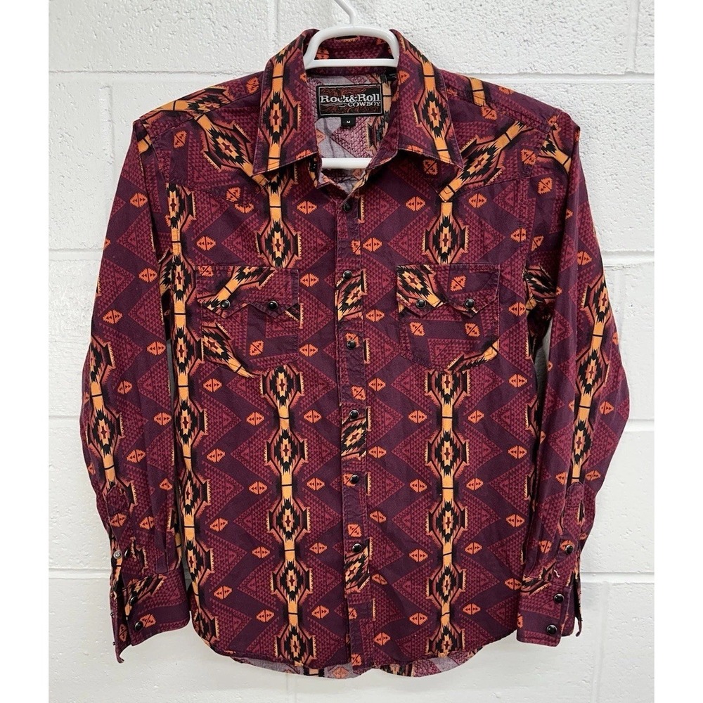 Rock & Roll Cowboy Shirt Red Aztec Western Pearl Snap Long Sleeve Rodeo / Medium